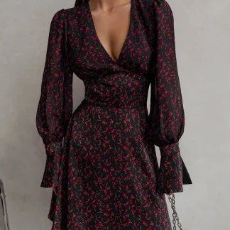 Deep V-neck Long Sleeve Floral Dress